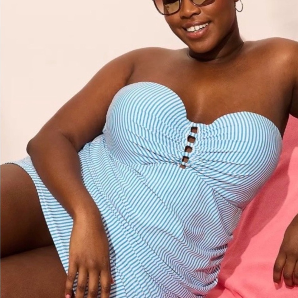 Cacique Light Blue & White Strapless Swim Dress with Front Ring Detail
